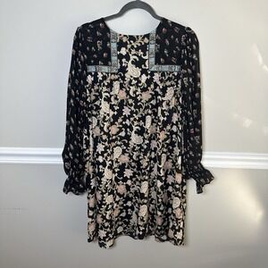 Entro Dress Black Floral Flowy Sheer Sleeves‎ Boho Cottagecore M Paisley Dark